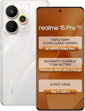 realme 15 Pro 5G (Flowing Silver, 8GB RAM, 128GB Storage) | 6.8" FHD+ AMOLED 120Hz | 50MP Triple AI Camera | 50MP Selfie | Snapdragon 7 Gen 4 | 7000mAh | 80W Fast Charging | Android 15 | Dual SIM