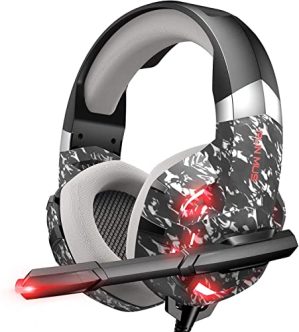 RUNMUS K2 PRO Camo-Grey Wired Gaming Headset, Red LED Lights with Mic, Over-Ear, Sound Stereo Bass and Noise Cancellation, 3.5mm Audio Plug, Padded Ear Cushion, for PS4/PS5/PC/Xbox (Adapter Needed)